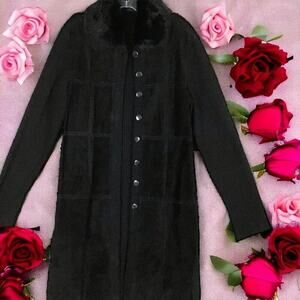 Vintage Womens Size Large Black Leather Wool Coat Rabbit Fur Collar Button Front